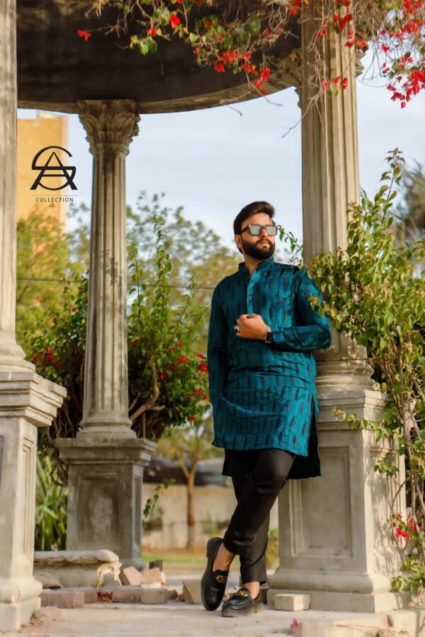 Men’s Teal Blue Textured Kurta