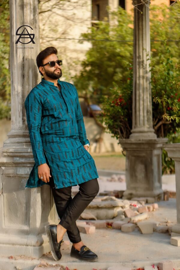 Men’s Teal Blue Textured Kurta