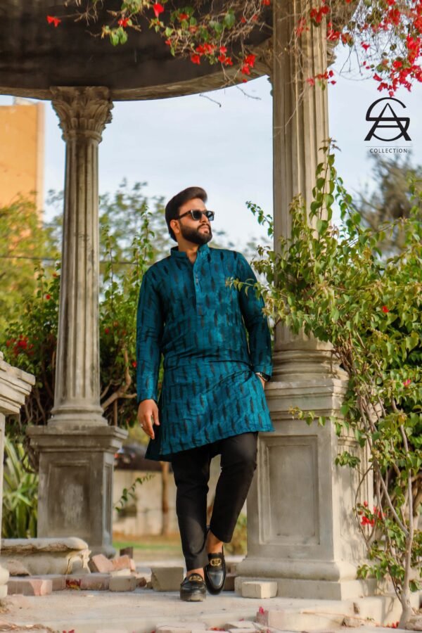 Men’s Teal Blue Textured Kurta